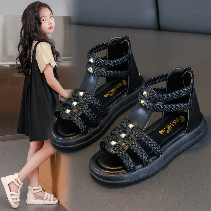 Girls Roman Sandals Open Toe Braided Solid Color