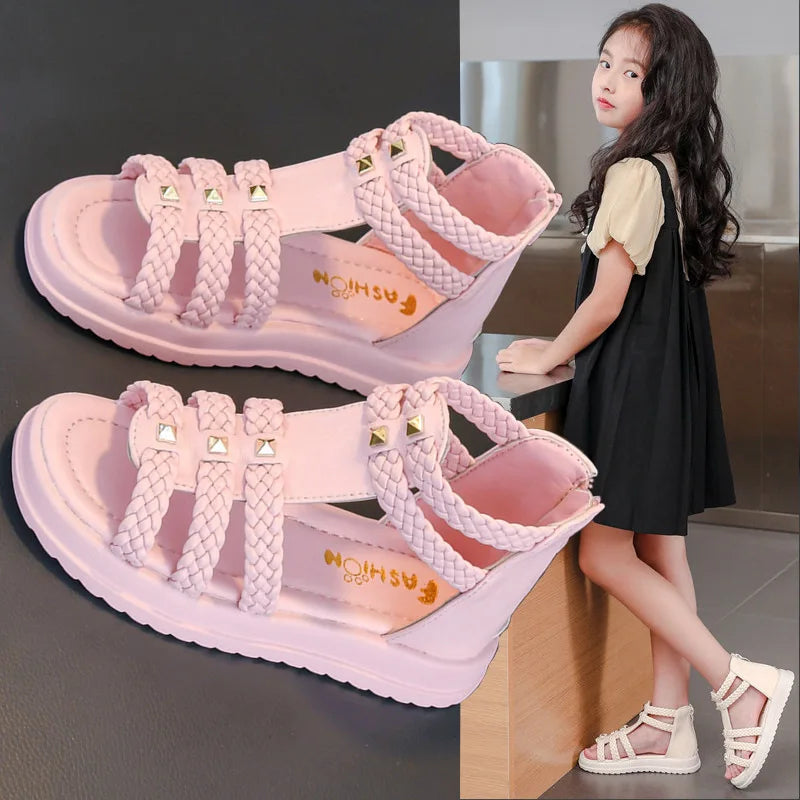 Girls Roman Sandals Open Toe Braided Solid Color