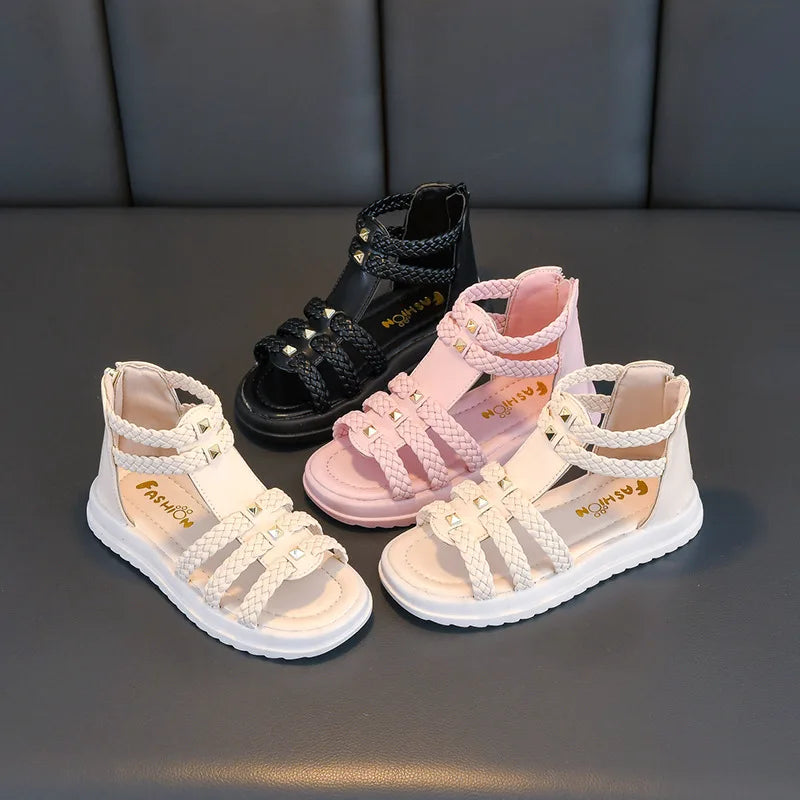 Girls Roman Sandals Open Toe Braided Solid Color