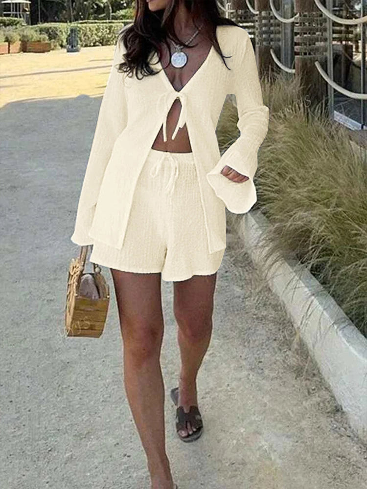 Women's V-Neck Knit Top & Shorts 2-Piece Set – Lace-Up Long Sleeve