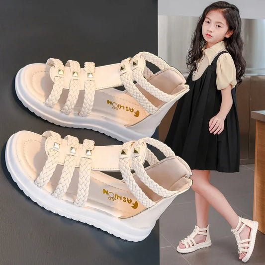 Girls Roman Sandals Open Toe Braided Solid Color