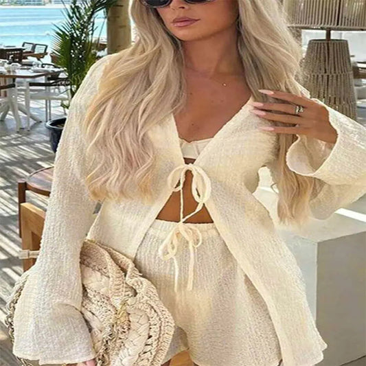 Women's V-Neck Knit Top & Shorts 2-Piece Set – Lace-Up Long Sleeve